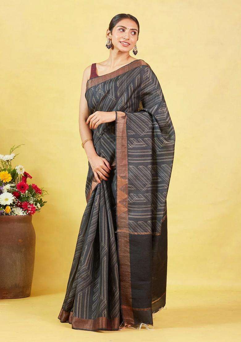 Black Handloom Tussar Silk Saree With Printed Stripes Motifs For Women - Indya