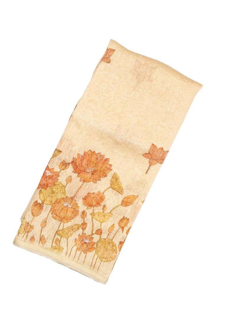 Cream Handloom Linen Saree With Printed Floral Motifs For Women - Indya