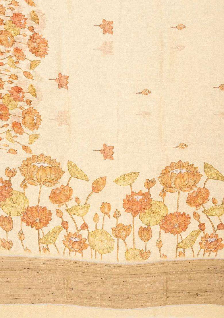 Cream Handloom Linen Saree With Printed Floral Motifs For Women - Indya