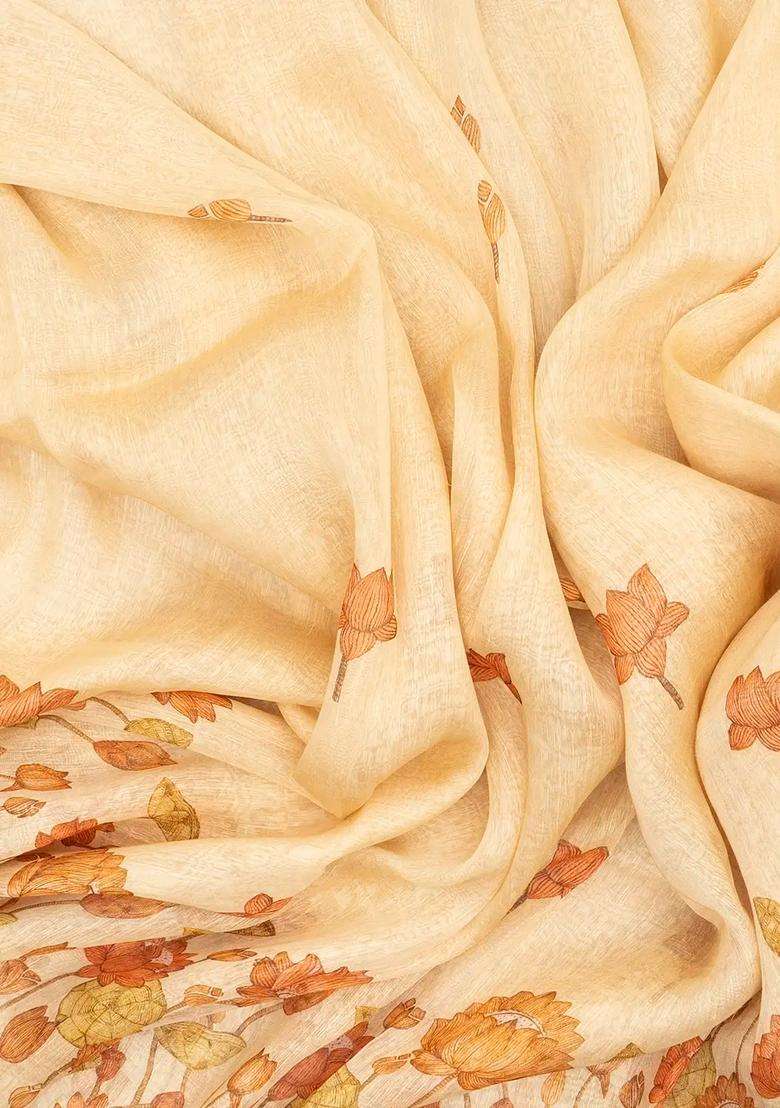 Cream Handloom Linen Saree With Printed Floral Motifs For Women - Indya