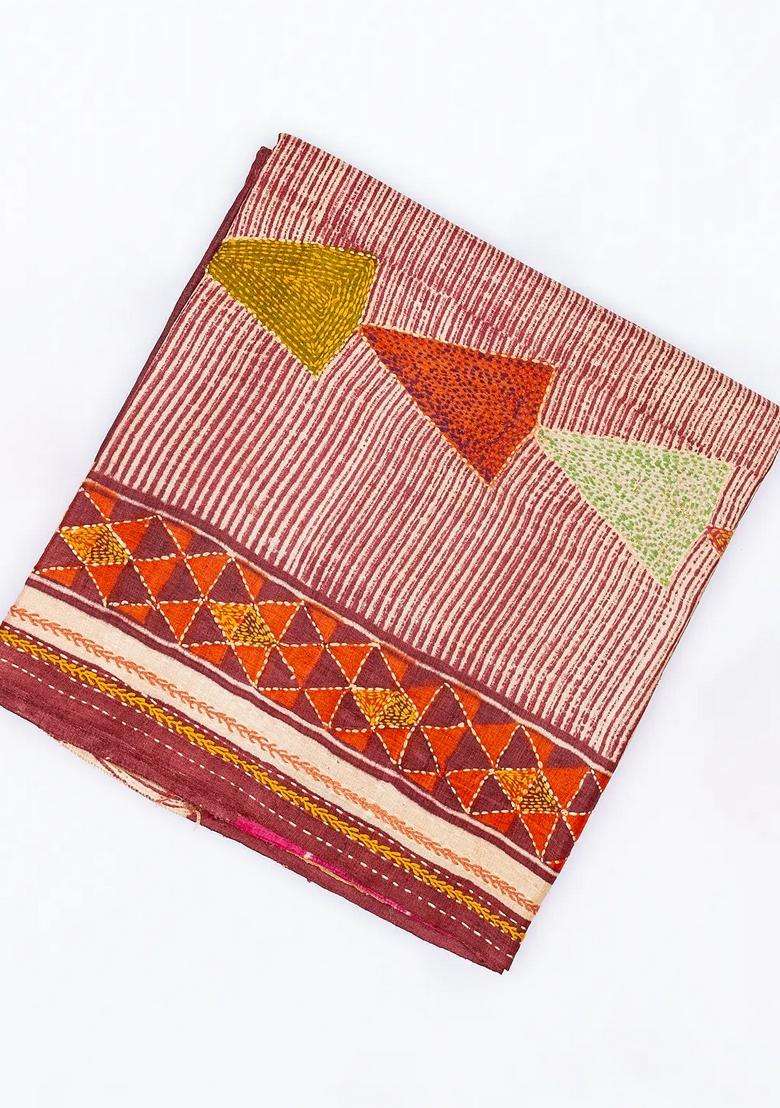 Maroon Handloom Tussar Silk Saree With Printed Embroidered Triangle Motifs For Women - Indya