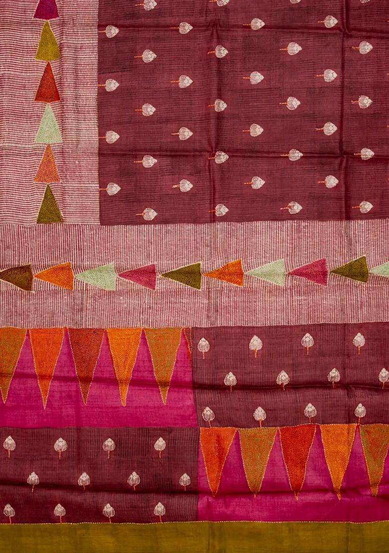 Maroon Handloom Tussar Silk Saree With Printed Embroidered Triangle Motifs For Women - Indya