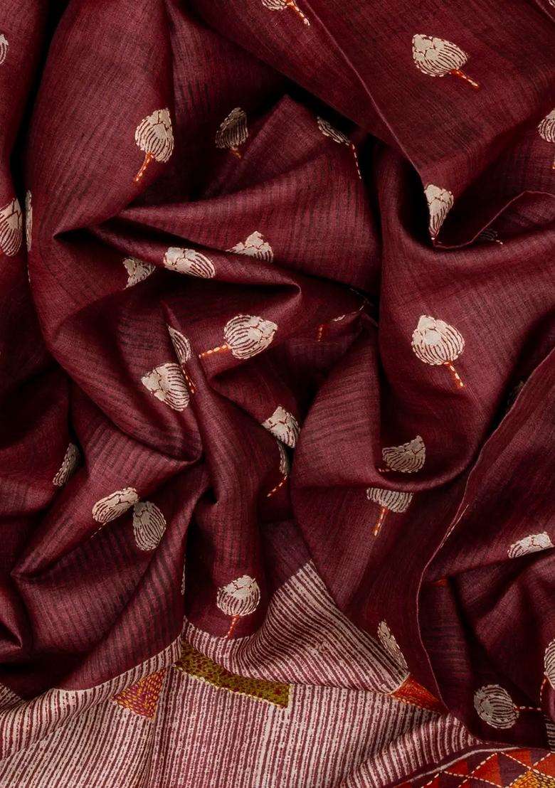 Maroon Handloom Tussar Silk Saree With Printed Embroidered Triangle Motifs For Women - Indya