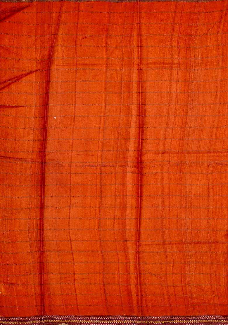Maroon Handloom Tussar Silk Saree With Printed Embroidered Triangle Motifs For Women - Indya