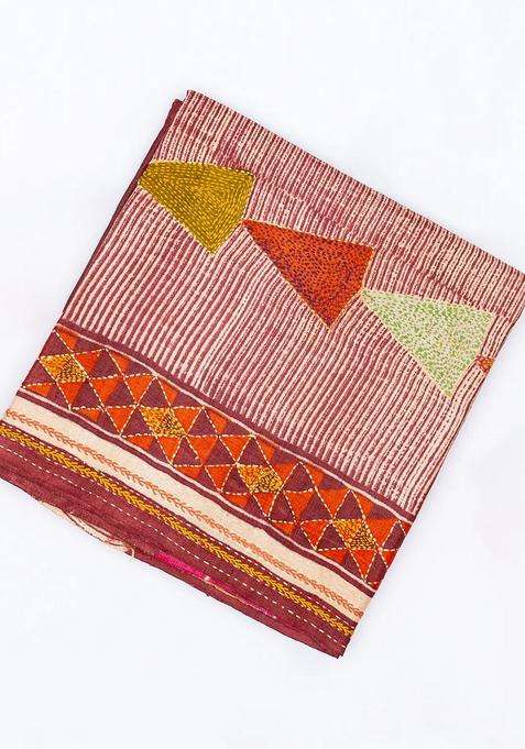Maroon Handloom Tussar Silk Saree With Printed Embroidered Triangle Motifs For Women