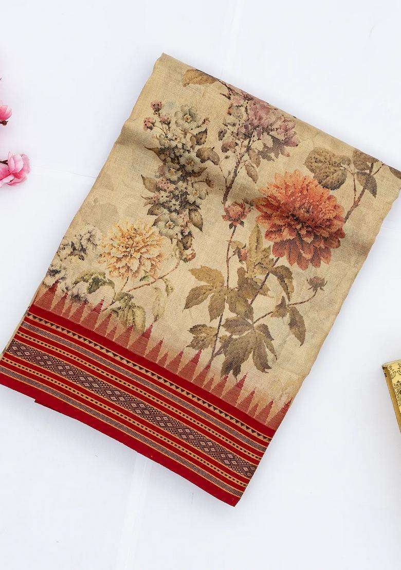 Beige Handloom Tussar Silk Saree With Printed Floral Motifs Contrast Border For Women - Indya