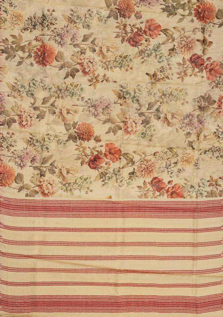 Beige Handloom Tussar Silk Saree With Printed Floral Motifs Contrast Border For Women - Indya