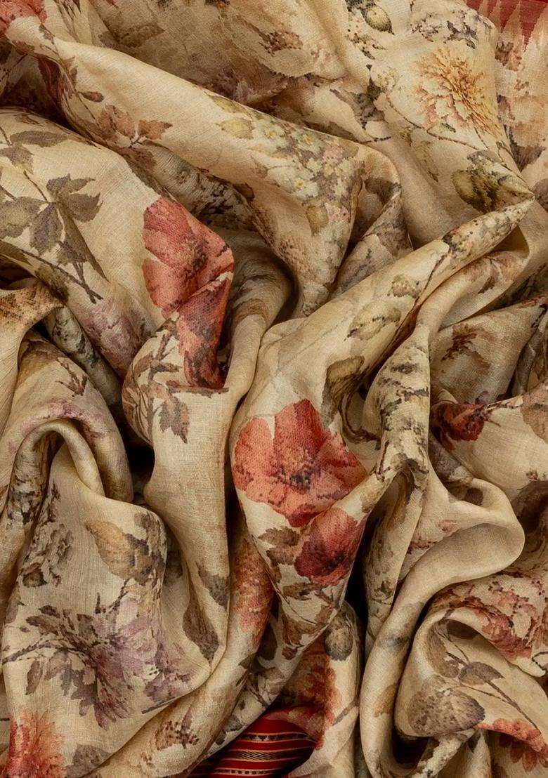 Beige Handloom Tussar Silk Saree With Printed Floral Motifs Contrast Border For Women - Indya