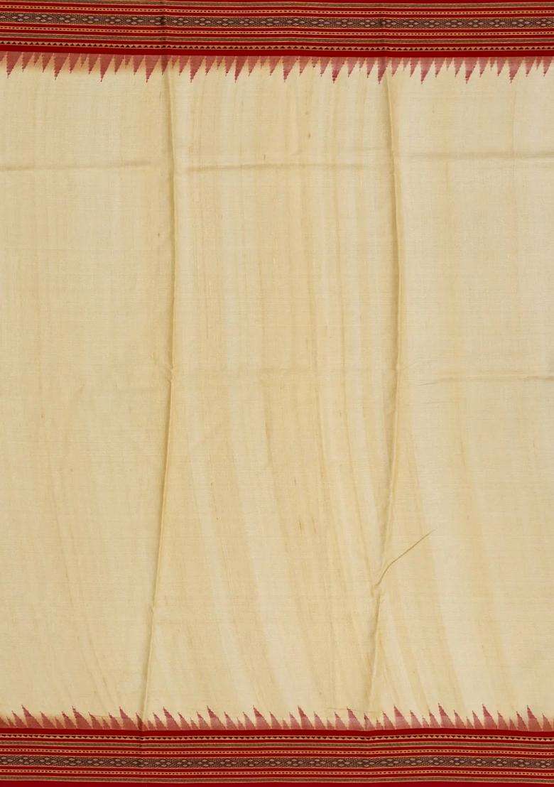 Beige Handloom Tussar Silk Saree With Printed Floral Motifs Contrast Border For Women - Indya