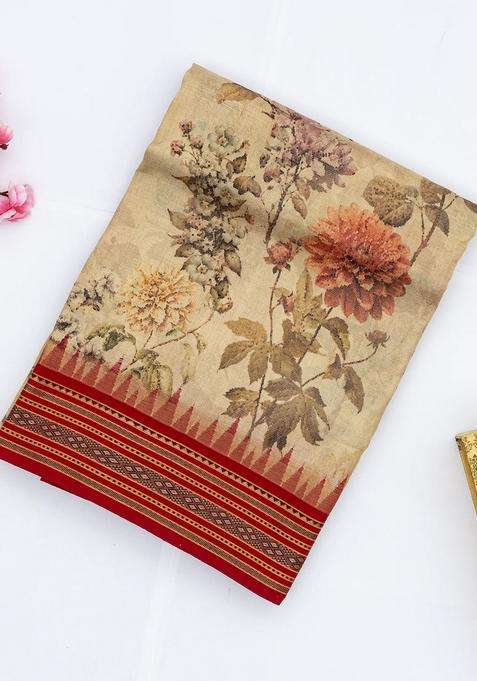 Beige Handloom Tussar Silk Saree With Printed Floral Motifs Contrast Border For Women