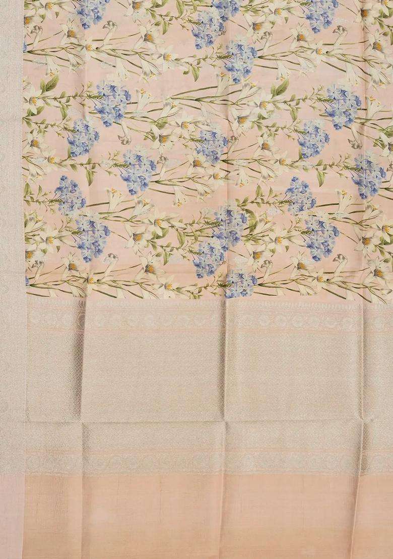 Light Peach Handloom Tussar Silk Saree With Printed Floral Motifs Zari Border For Women - Indya