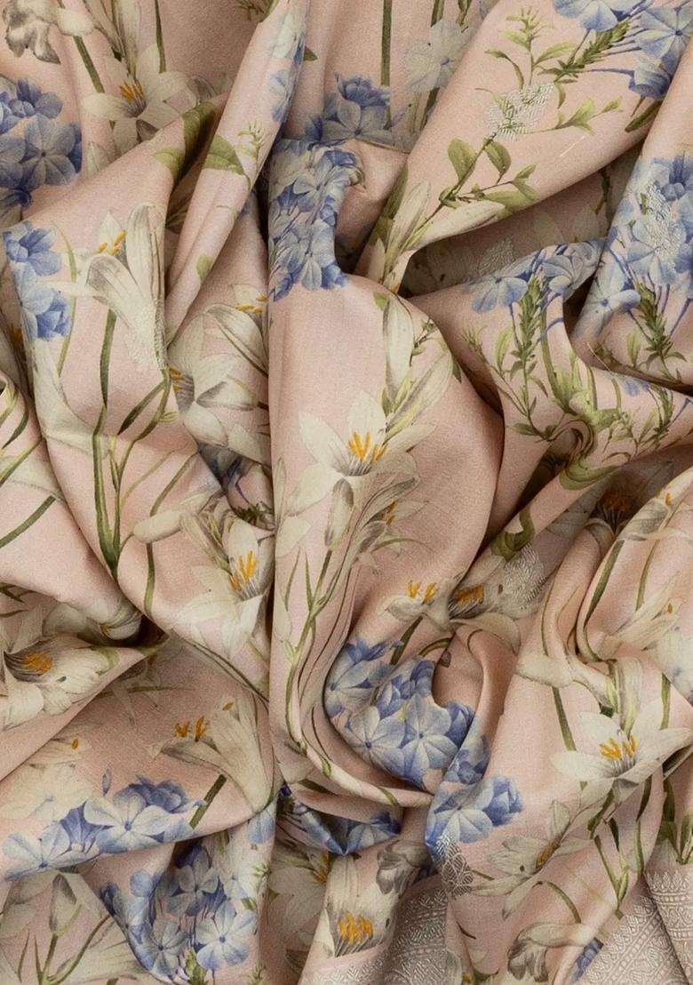 Light Peach Handloom Tussar Silk Saree With Printed Floral Motifs Zari Border For Women - Indya