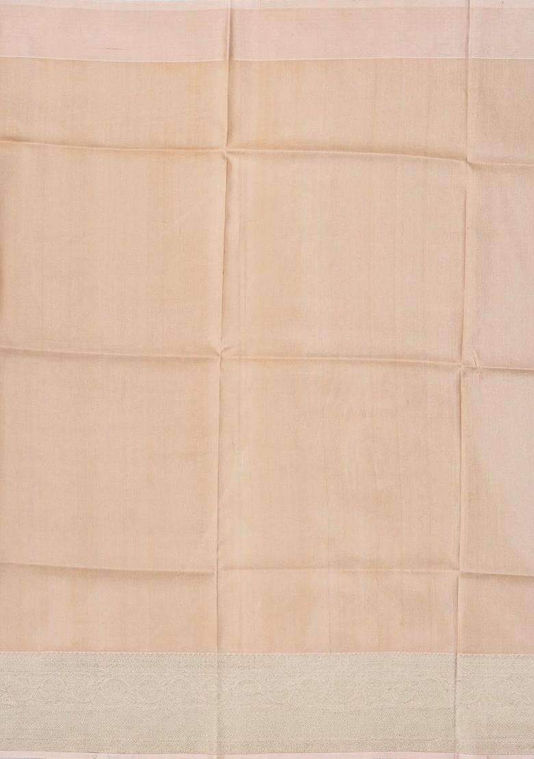 Light Peach Handloom Tussar Silk Saree With Printed Floral Motifs Zari Border For Women - Indya