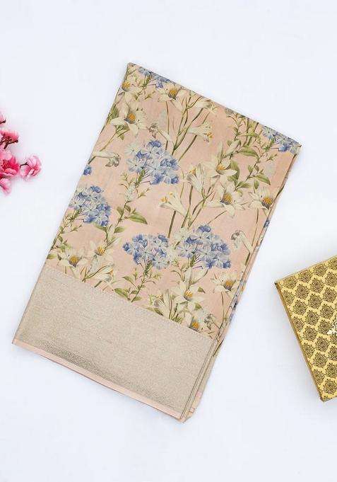 Light Peach Handloom Tussar Silk Saree With Printed Floral Motifs Zari Border For Women