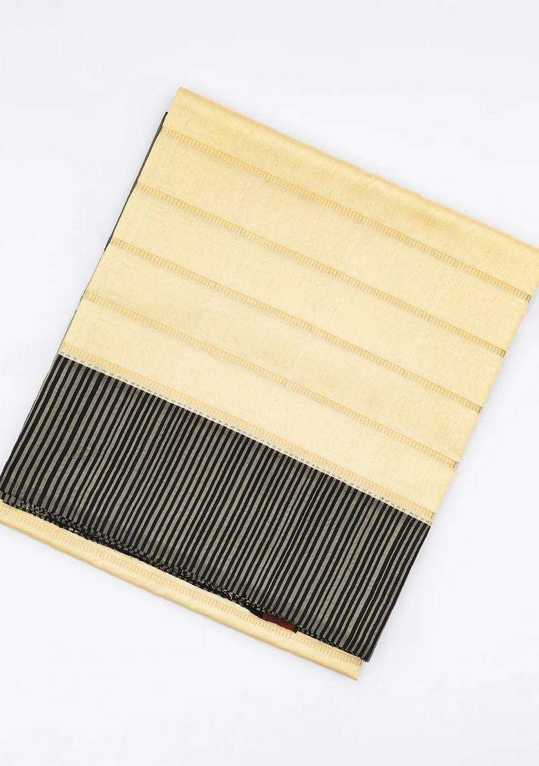 Cream Handloom Kora Silk Saree With Beldari Stripes Black Border With Checks And Stripes Design For Women - Indya