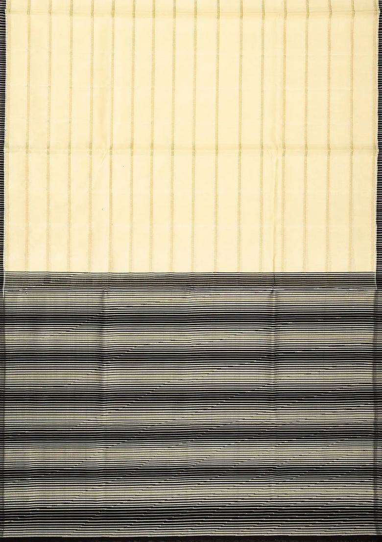 Cream Handloom Kora Silk Saree With Beldari Stripes Black Border With Checks And Stripes Design For Women - Indya