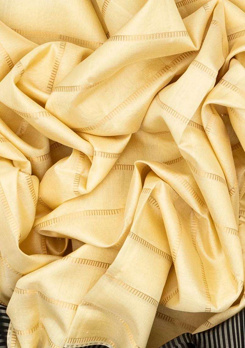 Cream Handloom Kora Silk Saree With Beldari Stripes Black Border With Checks And Stripes Design For Women - Indya