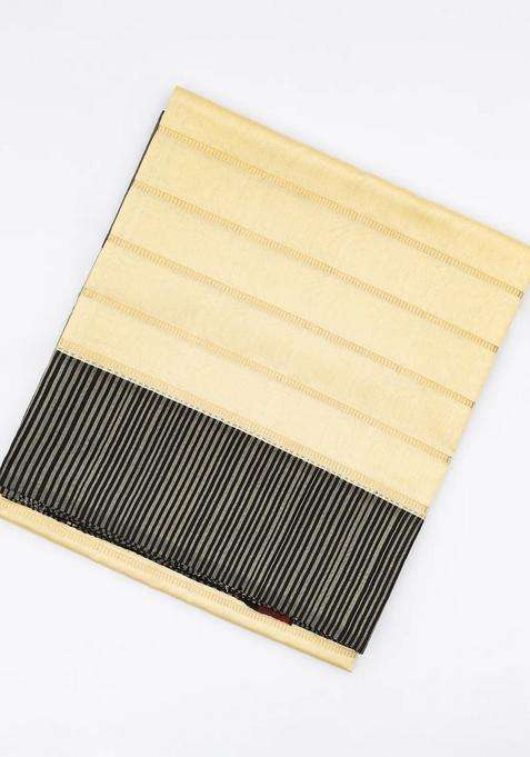 Cream Handloom Kora Silk Saree With Beldari Stripes Black Border With Checks And Stripes Design For Women