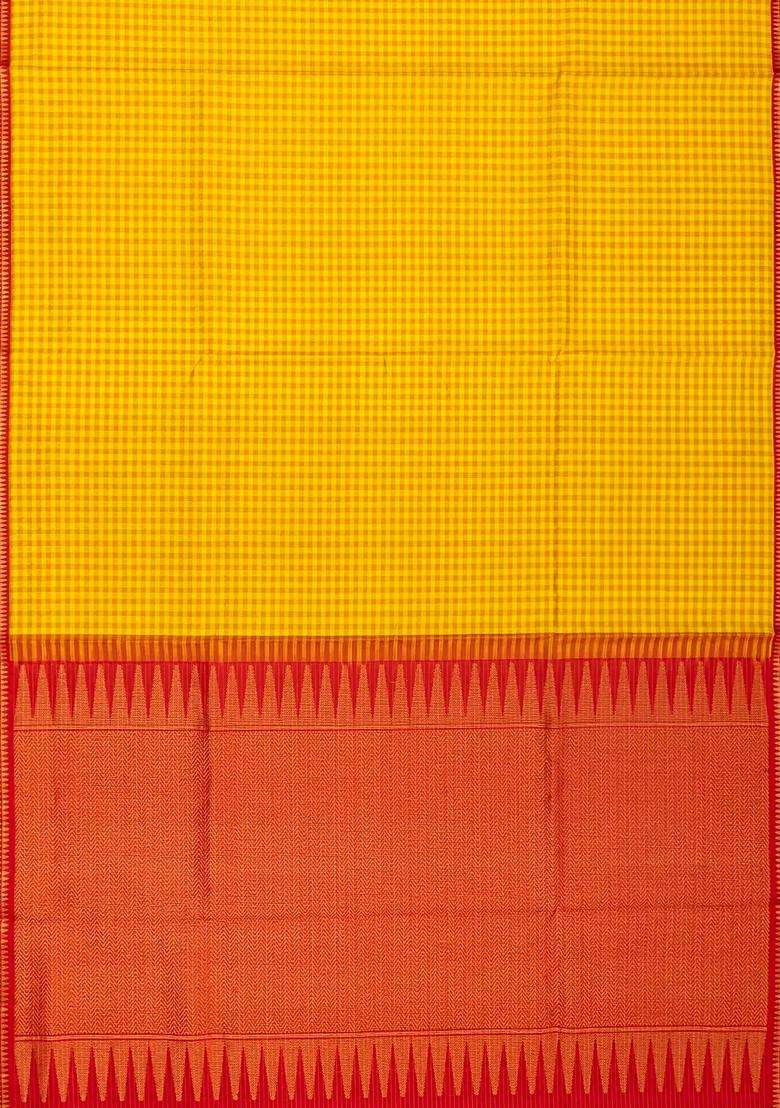 Yellow Handloom Soft Silk Saree With Checks Contrast Red Border With Checks And Stripes Design For Women - Indya