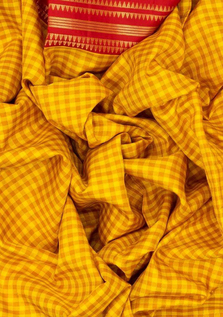 Yellow Handloom Soft Silk Saree With Checks Contrast Red Border With Checks And Stripes Design For Women - Indya