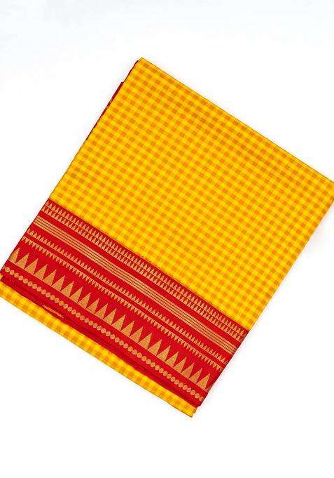 Yellow Handloom Soft Silk Saree With Checks Contrast Red Border With Checks And Stripes Design For Women