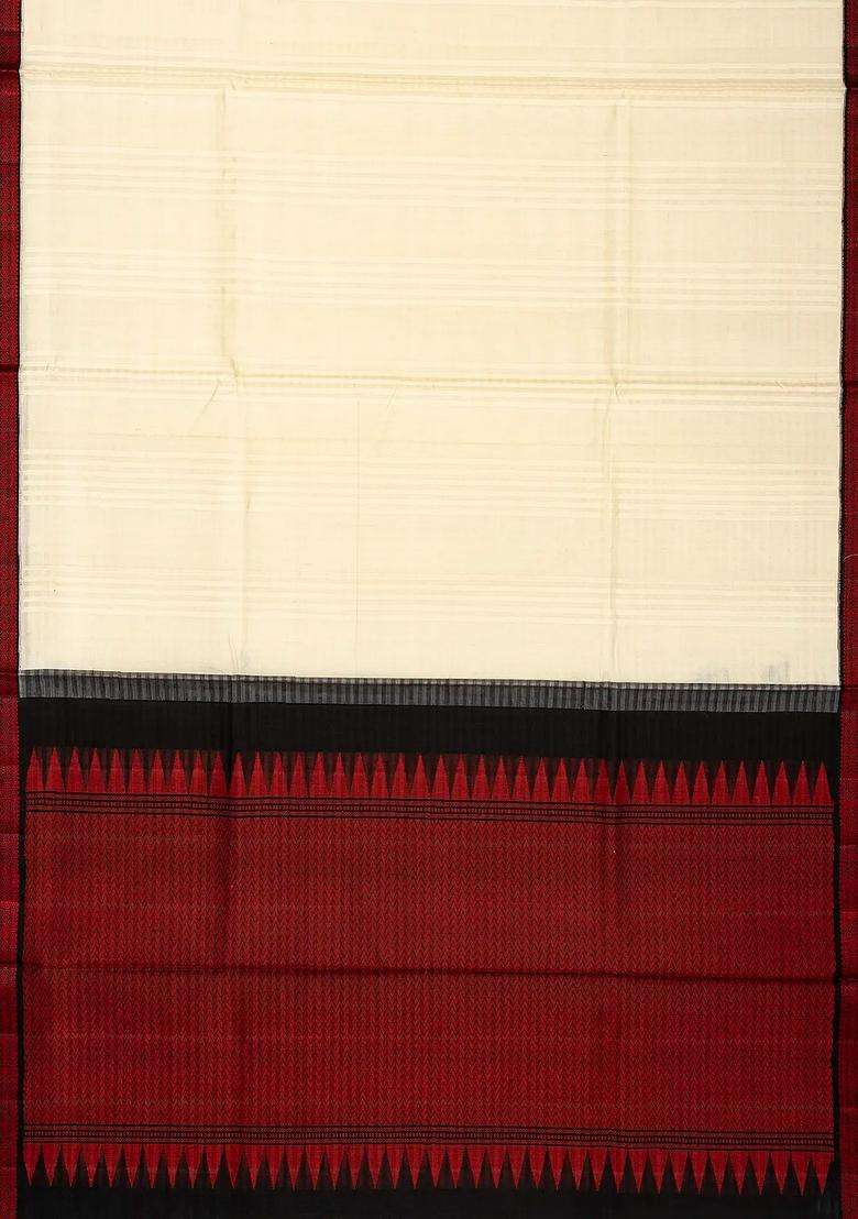 Cream Handloom Kora Silk Saree With Checks Black Border With Checks And Stripes Design For Women - Indya