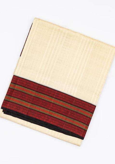 Cream Handloom Kora Silk Saree With Checks Black Border With Checks And Stripes Design For Women