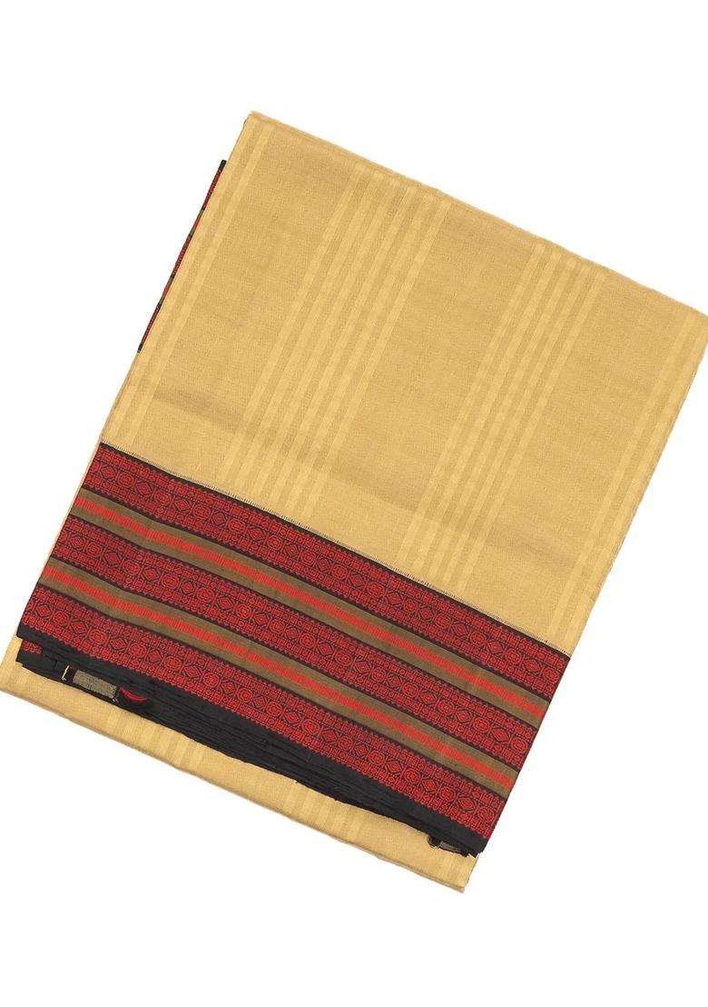 Beige Handloom Kora Silk Saree With Checks Black Border With Checks And Stripes Design For Women - Indya