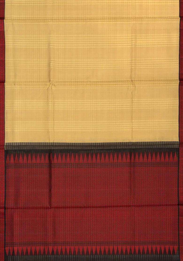 Beige Handloom Kora Silk Saree With Checks Black Border With Checks And Stripes Design For Women - Indya