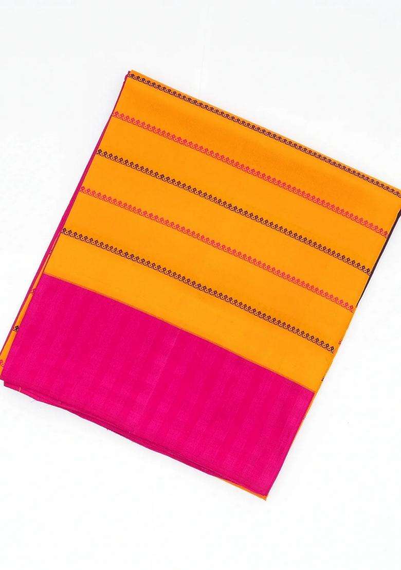 Turmeric Yellow Handloom Soft Silk Saree With Beldari Stripes Ganga Jamuna Border With Checks And Stripes Design For Women - Indya