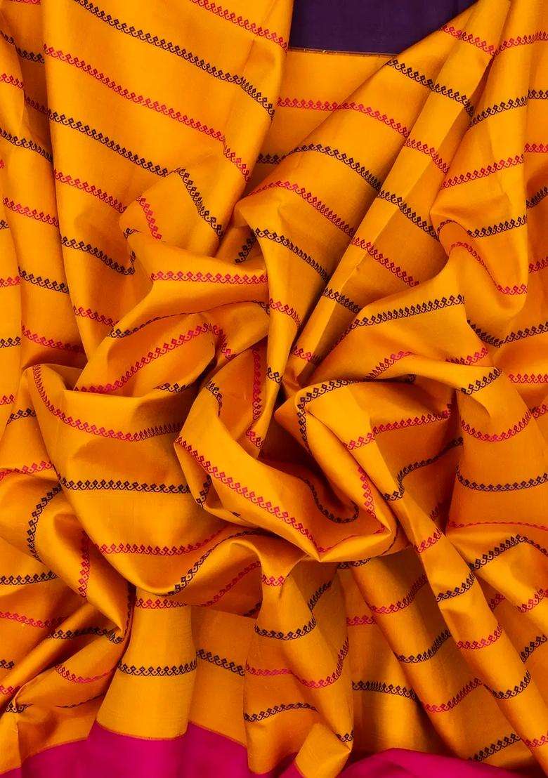 Turmeric Yellow Handloom Soft Silk Saree With Beldari Stripes Ganga Jamuna Border With Checks And Stripes Design For Women - Indya