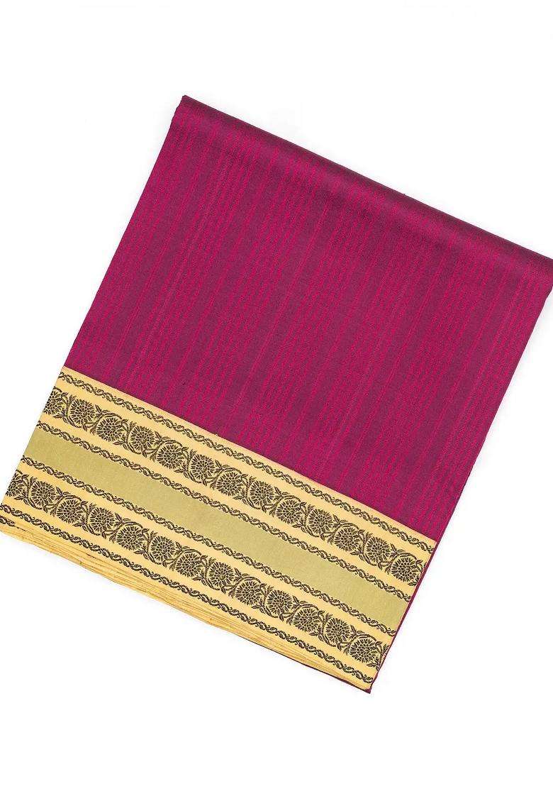 Magenta Handloom Soft Silk Saree With Stripes Beige Border With Checks And Stripes Design For Women - Indya