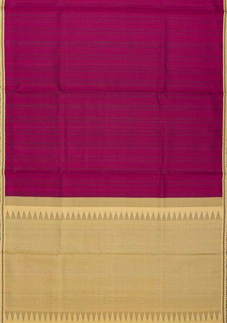 Magenta Handloom Soft Silk Saree With Stripes Beige Border With Checks And Stripes Design For Women - Indya