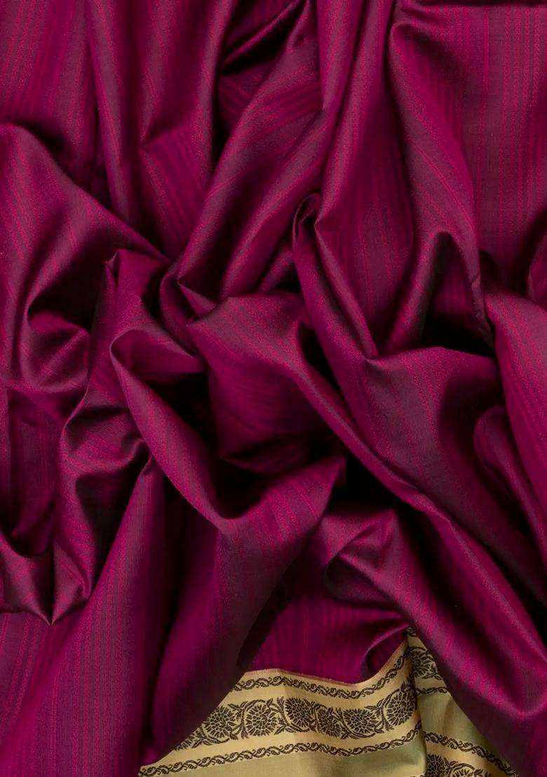 Magenta Handloom Soft Silk Saree With Stripes Beige Border With Checks And Stripes Design For Women - Indya