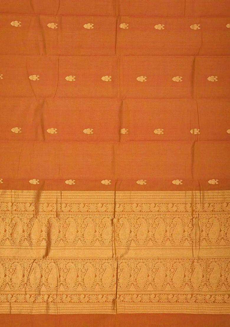 Mustard Handloom Kanchi Cotton Saree With Gandaberunda Buttas With Buttas And Brocade Design For Women - Indya