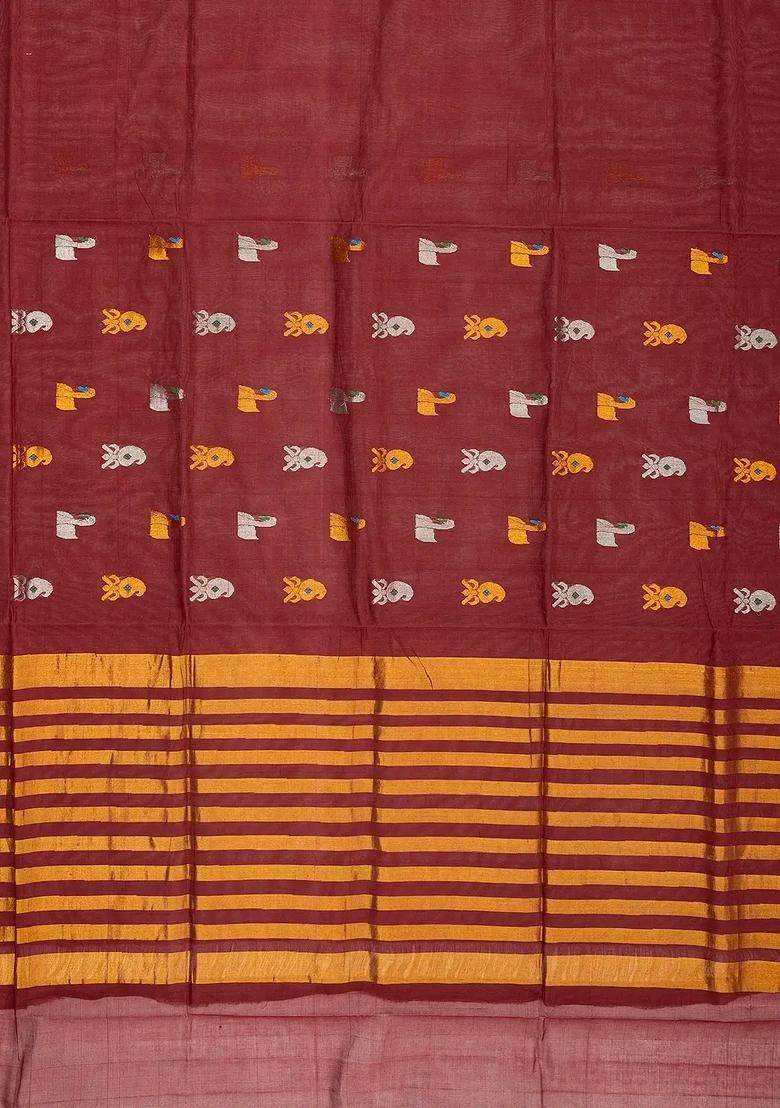 Maroon Handloom Venkatagiri Cotton Saree With Annam Mango Buttas With Buttas And Brocade Design For Women - Indya