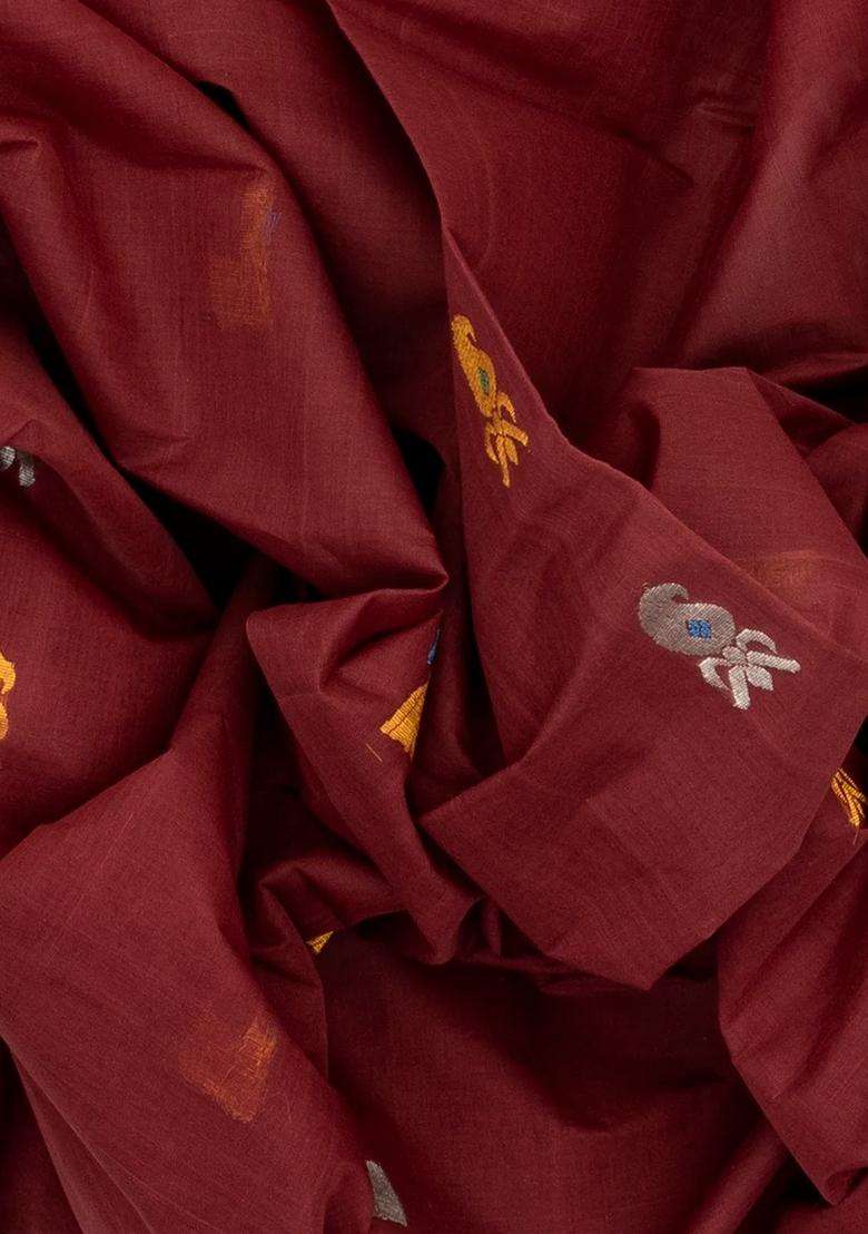 Maroon Handloom Venkatagiri Cotton Saree With Annam Mango Buttas With Buttas And Brocade Design For Women - Indya