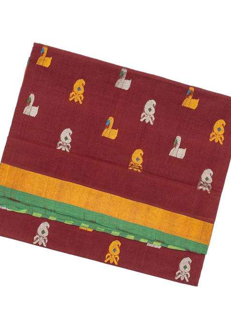 Maroon Handloom Venkatagiri Cotton Saree With Annam Mango Buttas With Buttas And Brocade Design For Women