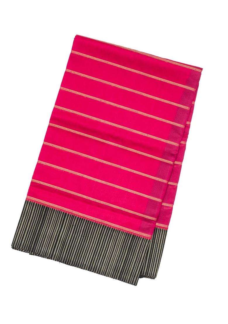 Hot Pink Handloom Soft Silk Saree With Stripes Contrast Border With Checks And Stripes Design For Women - Indya