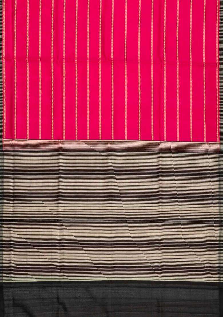 Hot Pink Handloom Soft Silk Saree With Stripes Contrast Border With Checks And Stripes Design For Women - Indya