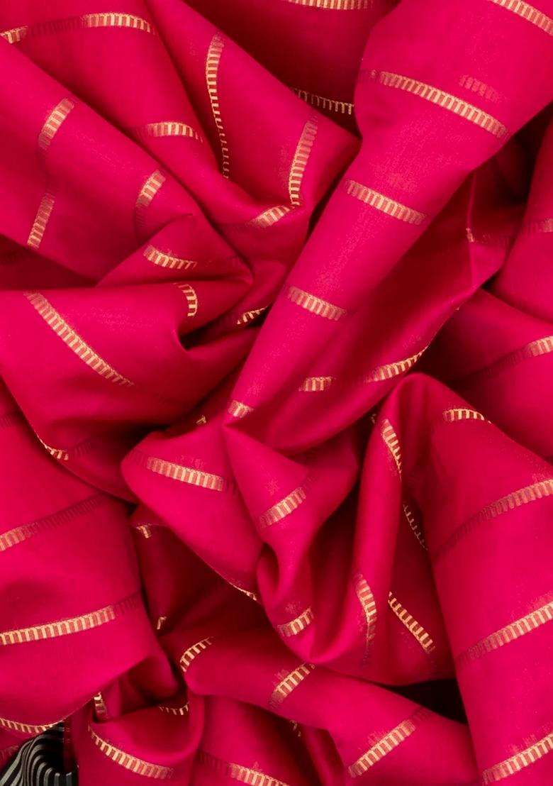 Hot Pink Handloom Soft Silk Saree With Stripes Contrast Border With Checks And Stripes Design For Women - Indya