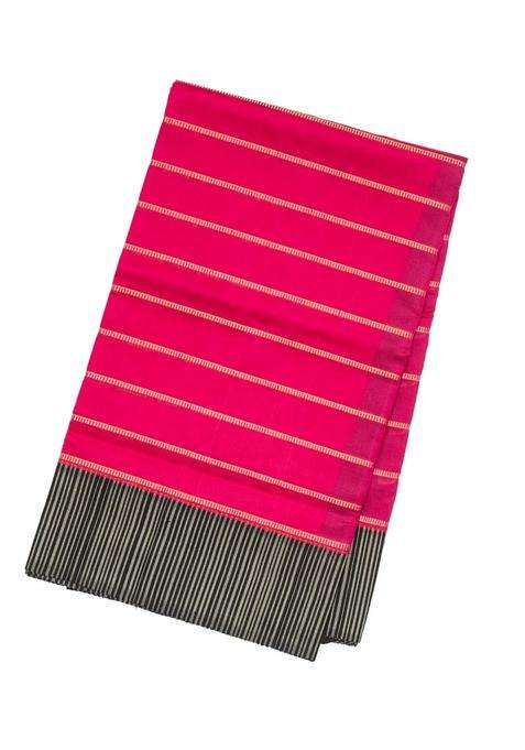 Hot Pink Handloom Soft Silk Saree With Stripes Contrast Border With Checks And Stripes Design For Women
