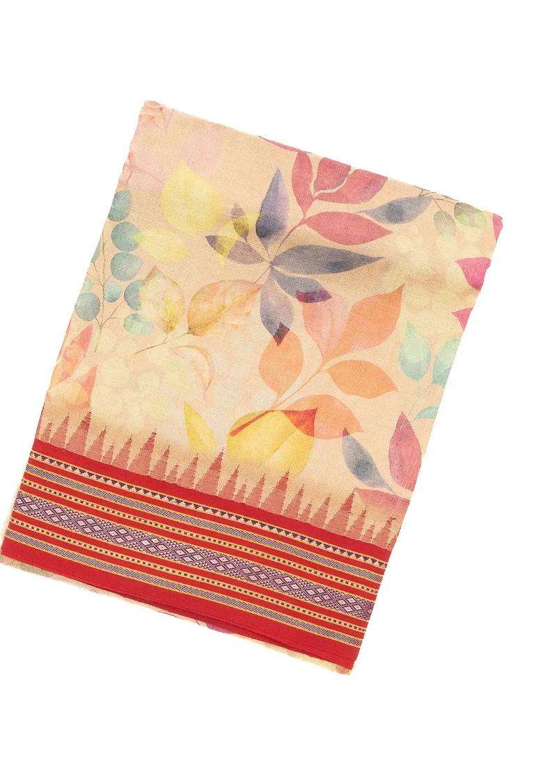 Beige Handloom Tussar Silk Saree Printed With Floral Motifs For Women - Indya