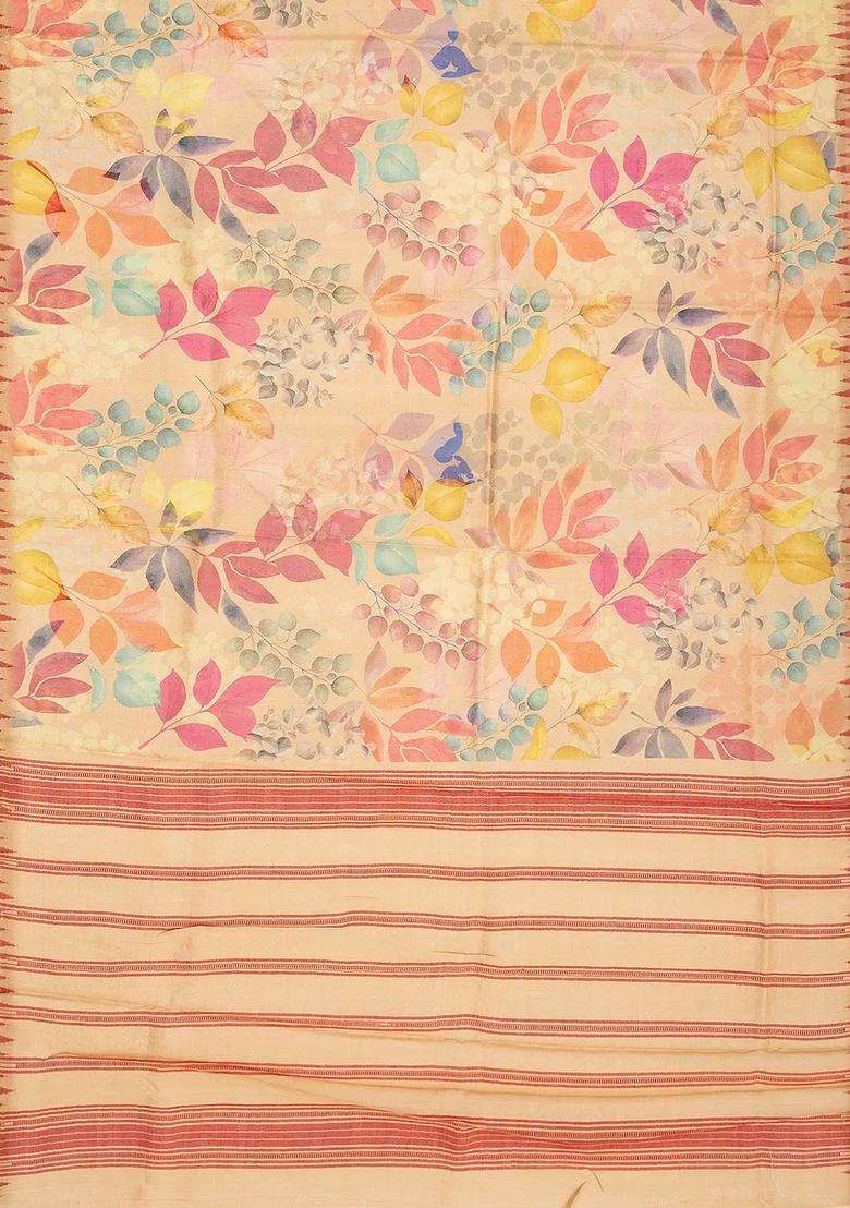 Beige Handloom Tussar Silk Saree Printed With Floral Motifs For Women - Indya