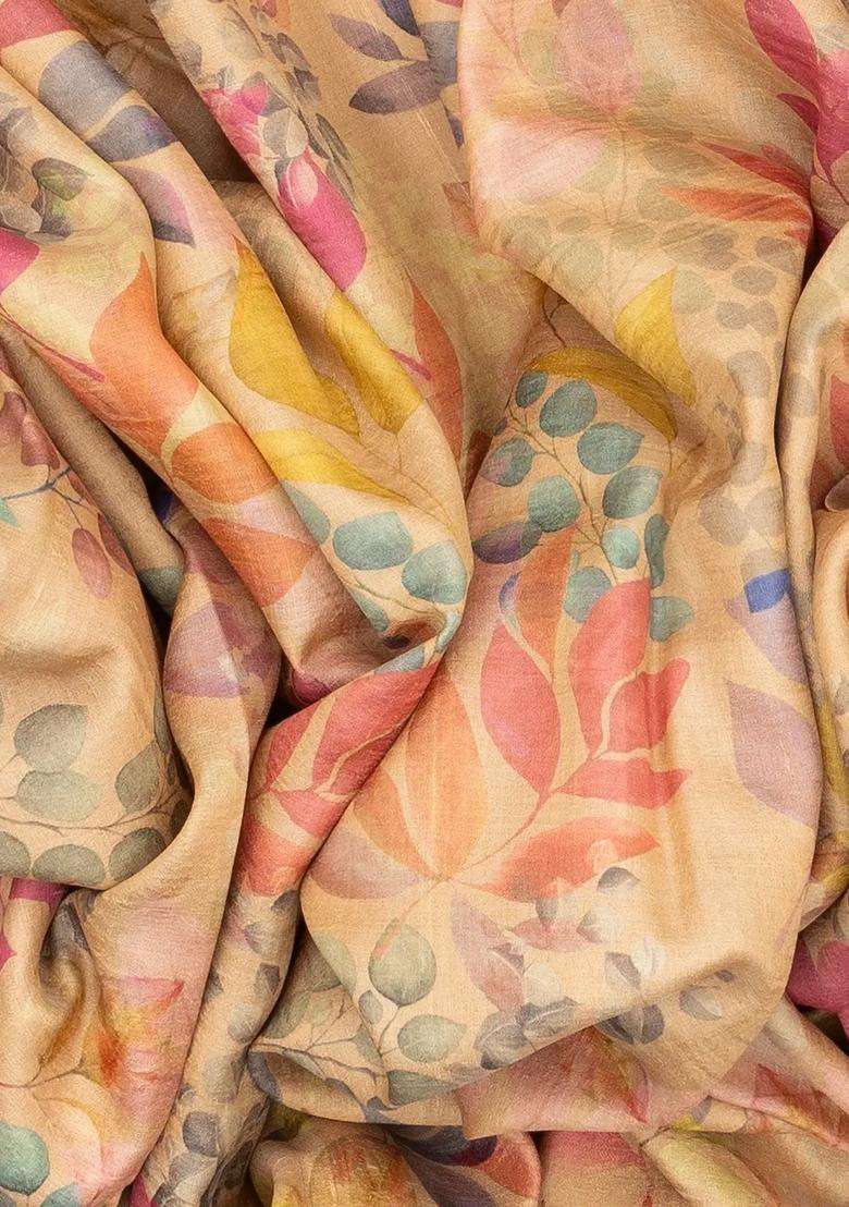 Beige Handloom Tussar Silk Saree Printed With Floral Motifs For Women - Indya