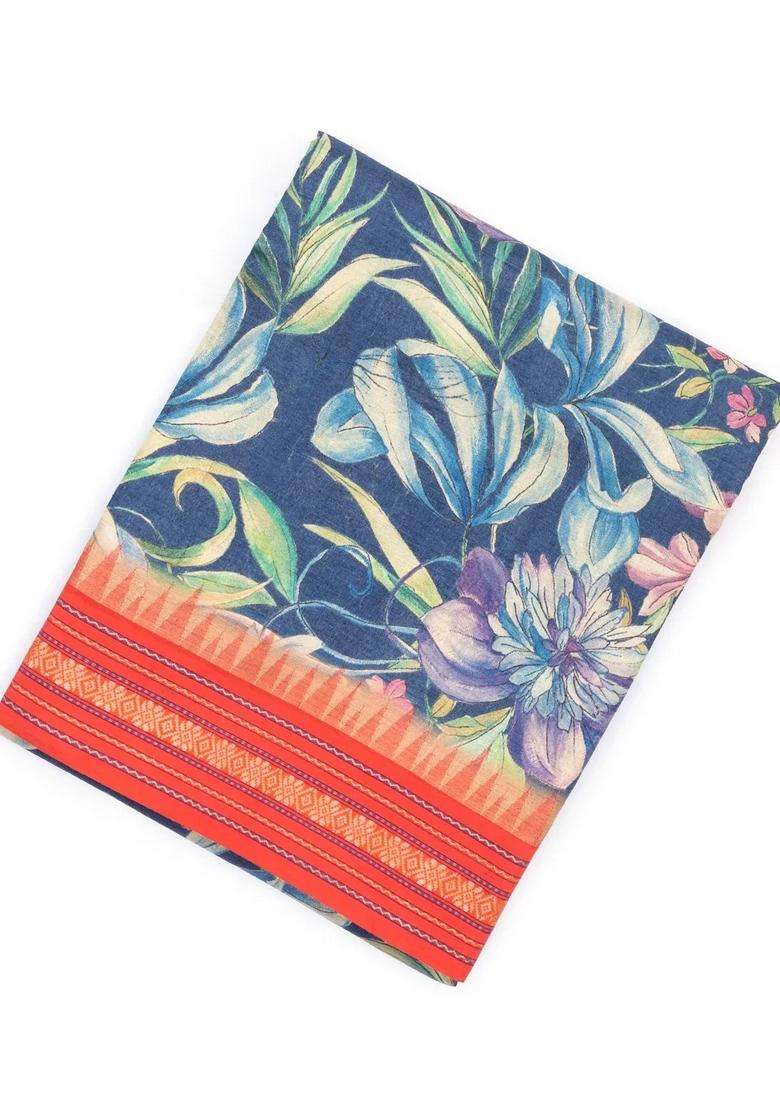 Indigo Handloom Tussar Silk Saree Printed With Floral Motifs For Women - Indya
