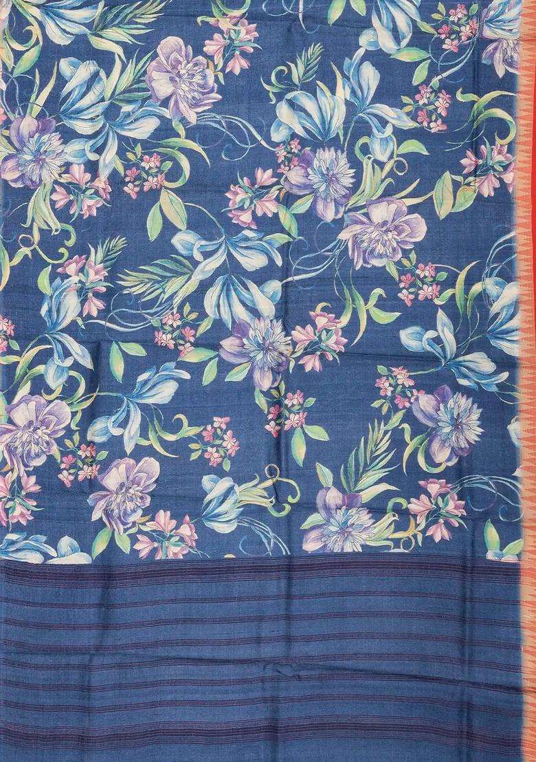 Indigo Handloom Tussar Silk Saree Printed With Floral Motifs For Women - Indya