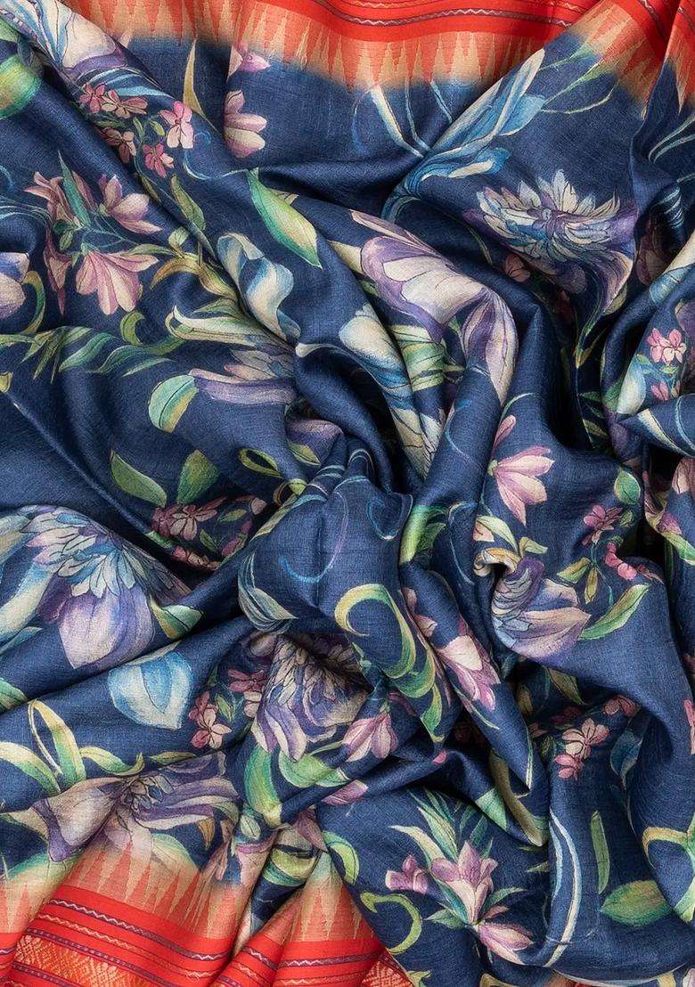 Indigo Handloom Tussar Silk Saree Printed With Floral Motifs For Women - Indya
