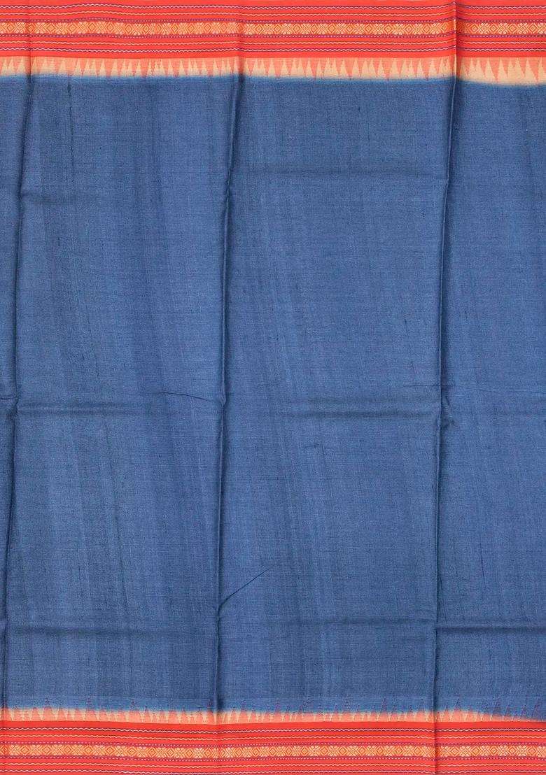 Indigo Handloom Tussar Silk Saree Printed With Floral Motifs For Women - Indya