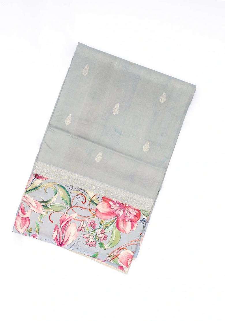Grey Handloom Tussar Silk Saree Printed With Floral Motifs In Border For Women - Indya